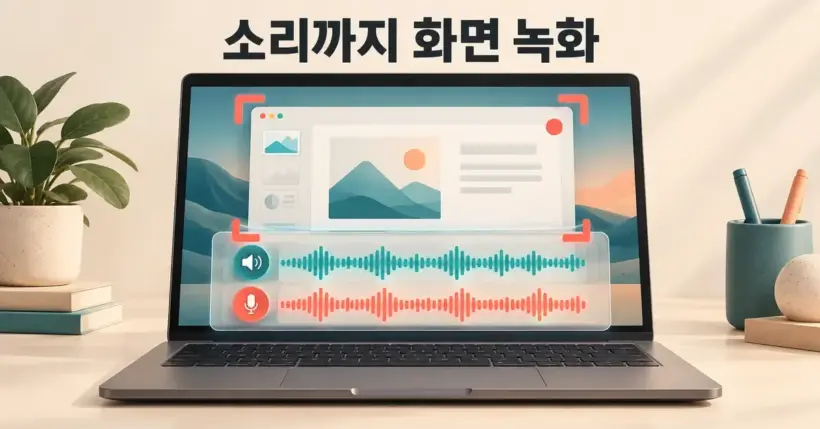 노트북 화면의 녹화 영역과 스피커·마이크의 소리 파형을 함께 보여 주는 화면 녹화 안내 이미지.